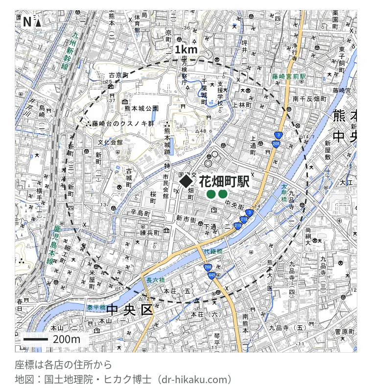 花畑町駅周辺（1km以内）のiPhone修理店 2店の位置図：スマホスピタル 熊本下通店 231m、スマップル 熊本店 319m