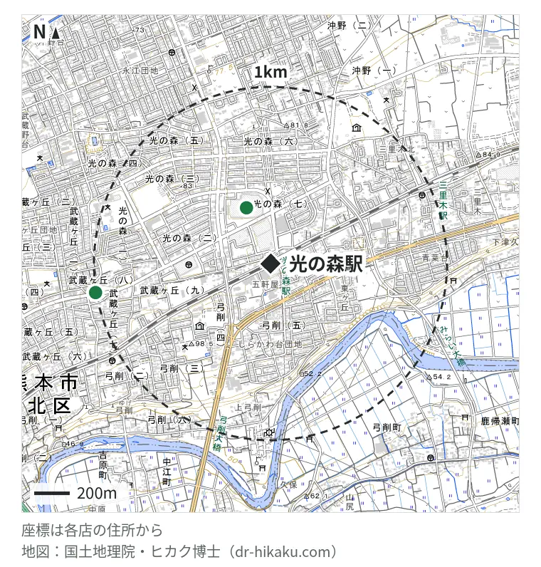 光の森駅周辺（1km以内）のiPhone修理店 2店の位置図：スマホ修理工房 熊本ゆめタウン光の森店 341m、iPhone修理アイサポ 光の森店 999m