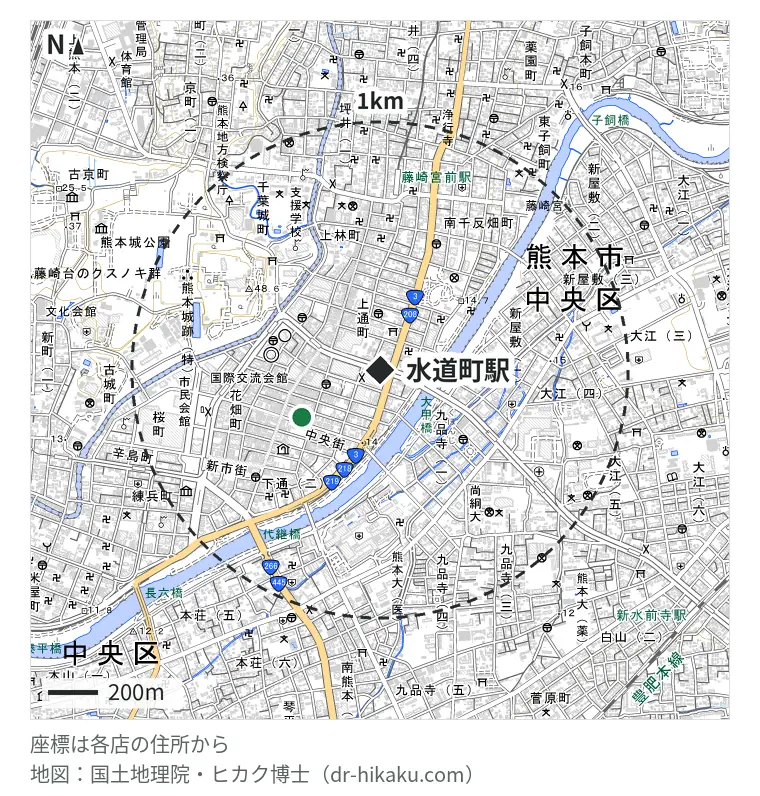 水道町駅周辺（1km以内）のiPhone修理店 1店の位置図：スマップル 熊本店 367m