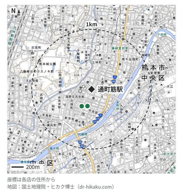通町筋駅周辺（1km以内）のiPhone修理店 2店の位置図：スマップル 熊本店 288m、スマホスピタル 熊本下通店 326m