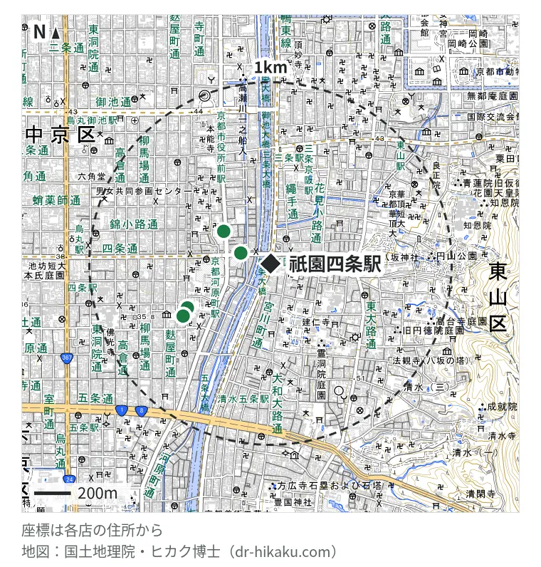 祇園四条駅周辺（1km以内）のiPhone修理店 4店の位置図：スマホスピタル 京都河原町 173m、アイプラス 河原町オーパ(OPA)店 312m、じゃんぱら 京都店 516m、ダイワンテレコム 京都店 560m