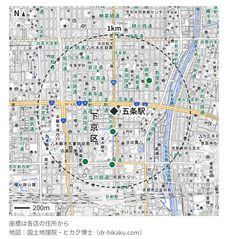 五条駅周辺（1km以内）のiPhone修理店 4店の位置図：カメラのキタムラ 京都・京都中古買取センター店 268m、iPhone修理アイサポ 京都四条烏丸店 607m、i Smile 京都店 697m、ドクター・ホームネット 京都駅前店 757m