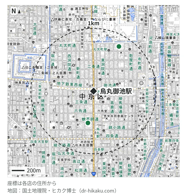 烏丸御池駅周辺（1km以内）のiPhone修理店 2店の位置図：スマホスピタル 烏丸店 481m、スキルワン 京都河原町店 786m