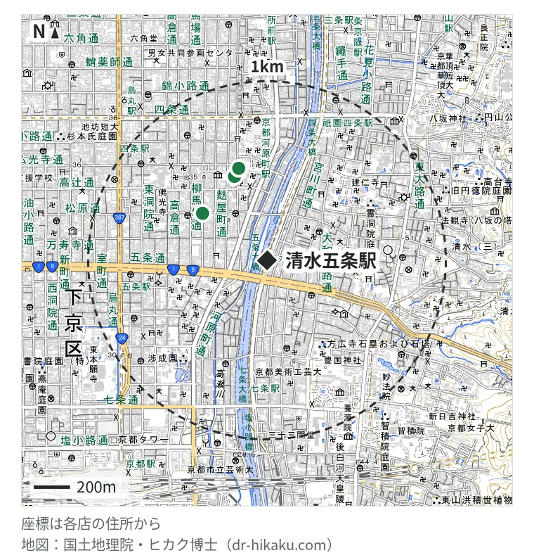 清水五条駅周辺（1km以内）のiPhone修理店 3店の位置図：iPhone修理アイサポ 京都四条烏丸店 443m、ダイワンテレコム 京都店 500m、じゃんぱら 京都店 535m