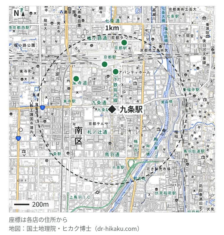 九条駅周辺（1km以内）のiPhone修理店 4店の位置図：アイプラス 京都アバンティ店 500m、モバイル修理救急便 京都駅八条口店 603m、スマートクール イオンモールKYOTO店 624m、iPhone修理アイサポ 京都駅前店 898m