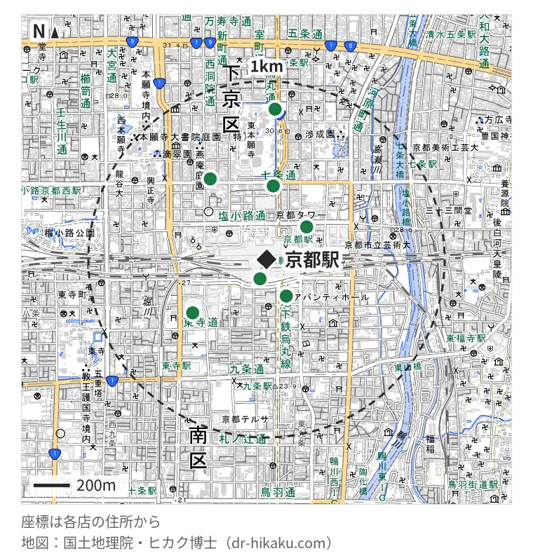 京都駅周辺（1km以内）のiPhone修理店 7店の位置図：モバイル修理救急便 京都駅八条口店 41m、iPhone修理アイサポ 京都駅前店 158m、アイプラス 京都アバンティ店 163m、i Smile 京都店 283m、スマートクール イオンモールKYOTO店 463m、ドクター・ホームネット 京都駅前店 490m、カメラのキタムラ 京都・京都中古買取センター店 710m