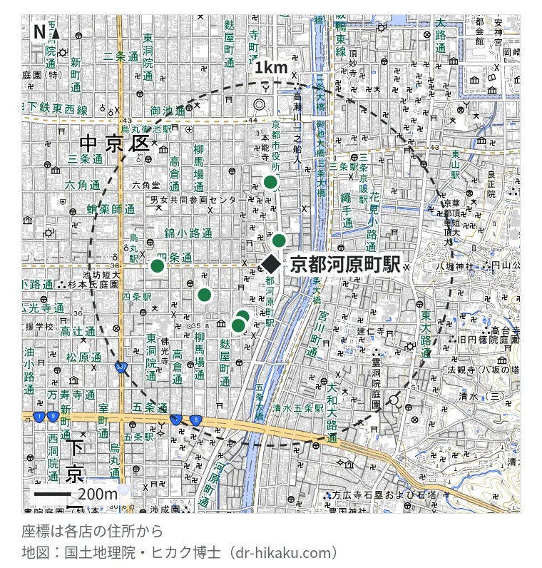 京都河原町駅周辺（1km以内）のiPhone修理店 7店の位置図：アイプラス 河原町オーパ(OPA)店 136m、スマホスピタル 京都河原町 138m、じゃんぱら 京都店 329m、ダイワンテレコム 京都店 381m、もしもシークス 京都四条店 402m、iCrackedStore 京都ロフト店 449m、モバイル修理救急便 大丸京都店 623m