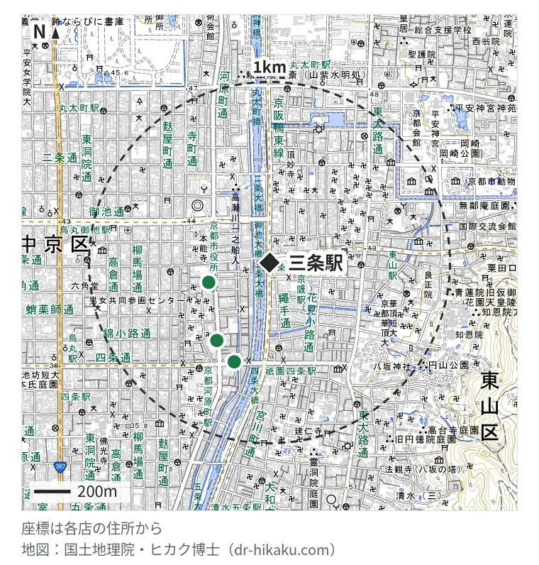 三条駅周辺（1km以内）のiPhone修理店 3店の位置図：iCrackedStore 京都ロフト店 353m、アイプラス 河原町オーパ(OPA)店 517m、スマホスピタル 京都河原町 581m