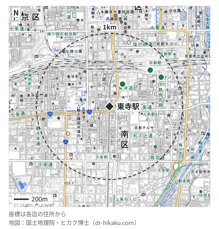 東寺駅周辺(1km以内)のiPhone修理店 3店の位置図:スマートクール イオンモールKYOTO店 352m、モバイル修理救急便 京都駅八条口店 742m、アイプラス 京都アバンティ店 805m
