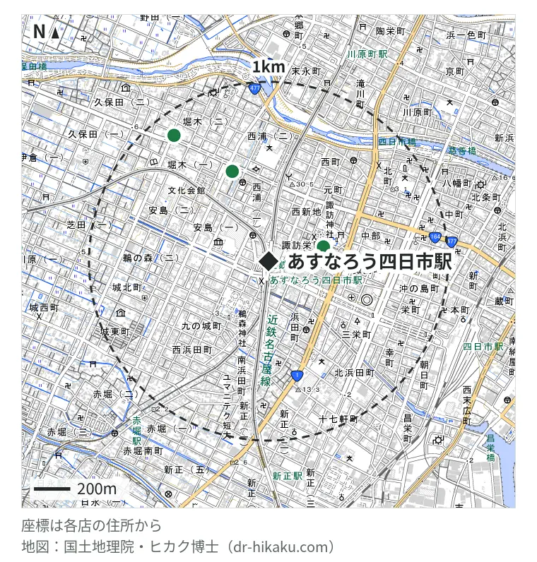 あすなろう四日市駅周辺（1km以内）のiPhone修理店 4店の位置図：iPhone修理工場 四日市店 227m、スマホなおし太郎 四日市諏訪栄店 314m、カメラのキタムラ Apple製品修理サービス四日市・西浦店 536m、iPhone修理革命 870m