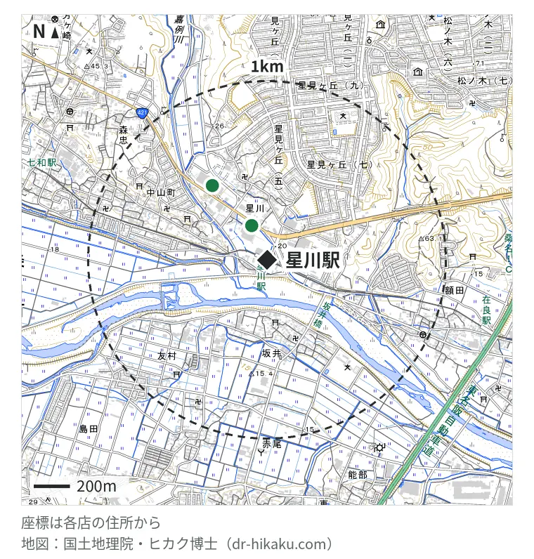 星川駅周辺（1km以内）のiPhone修理店 2店の位置図：iPhoneリペアショップ 桑名星川店 209m、モバイル修理.jp 桑名店 513m