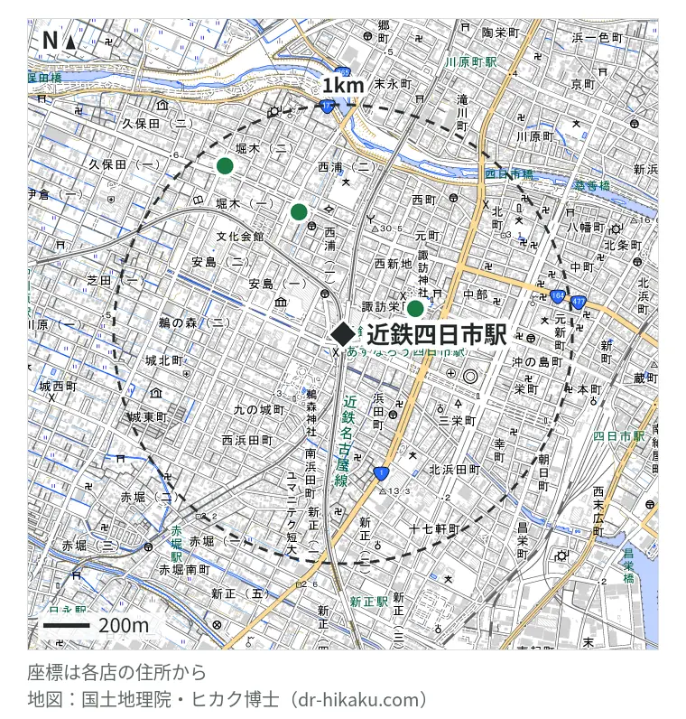 近鉄四日市駅周辺（1km以内）のiPhone修理店 4店の位置図：iPhone修理工場 四日市店 227m、スマホなおし太郎 四日市諏訪栄店 314m、カメラのキタムラ Apple製品修理サービス四日市・西浦店 536m、iPhone修理革命 870m