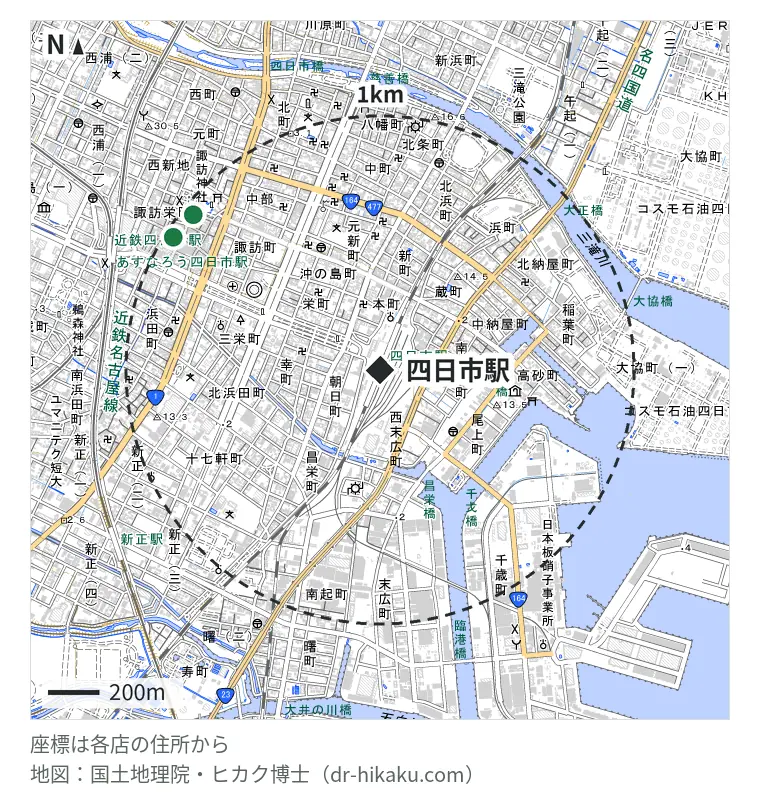 四日市駅周辺（1km以内）のiPhone修理店 2店の位置図：スマホなおし太郎 四日市諏訪栄店 951m、iPhone修理工場 四日市店 961m