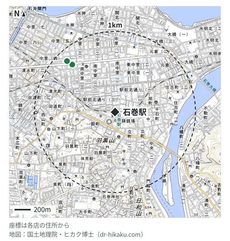石巻駅周辺（1km以内）のiPhone修理店 2店の位置図：エックスリペア 石巻店 789m、リンゴ屋 リペア工房石巻 865m