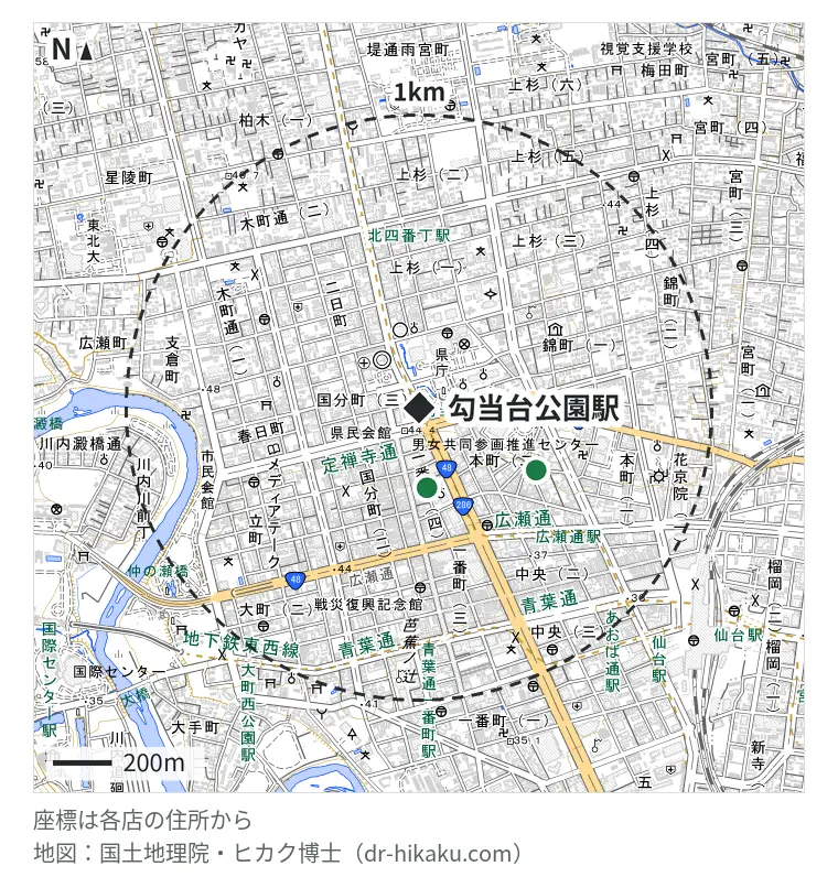 勾当台公園駅周辺（1km以内）のiPhone修理店 2店の位置図：iPhone即日修理屋さん 仙台店 274m、iPhone修理あいあい 仙台店 451m