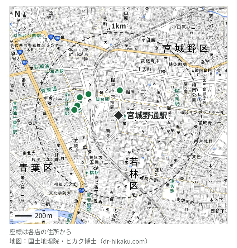 宮城野通駅周辺（1km以内）のiPhone修理店 6店の位置図：じゃんぱら 仙台店 301m、スマホ修理SHOP エスパル仙台店 441m、じゃんぱら 仙台イービーンズ店 494m、スマホ修理工房 仙台PARCO2店(スマホ修理工房内) 510m、iCrackedStore 仙台ロフト 513m、iPhone修理アイサポ 仙台駅前イービーンズ店 535m