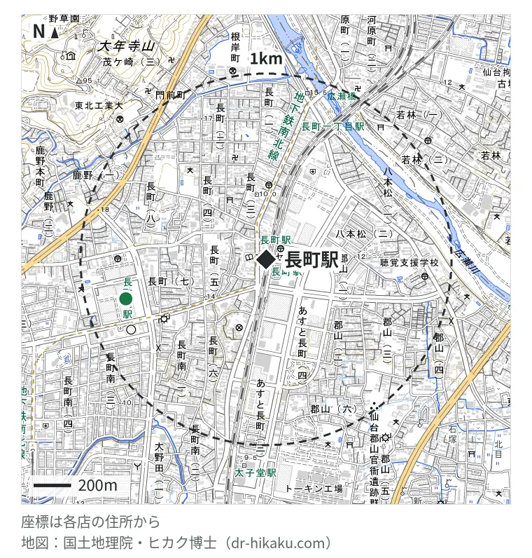 長町駅周辺（1km以内）のiPhone修理店 2店の位置図：あいプロ ララガーデン仙台店 752m、スマプラ ザ・モール仙台長町店 752m
