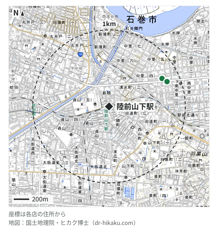 陸前山下駅周辺（1km以内）のiPhone修理店 2店の位置図：リンゴ屋 リペア工房石巻 781m、エックスリペア 石巻店 822m