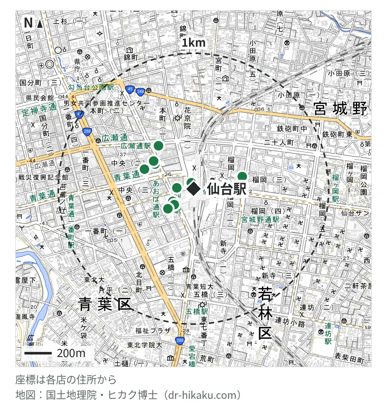 仙台駅周辺（1km以内）のiPhone修理店 10店の位置図：iCrackedStore 仙台ロフト 38m、スマホ修理SHOP エスパル仙台店 38m、スマホ修理工房 仙台PARCO2店(スマホ修理工房内) 69m、じゃんぱら 仙台イービーンズ店 96m、iPhone修理アイサポ 仙台駅前イービーンズ店 121m、じゃんぱら 仙台店 174m、アイフォンレスキュー 仙台駅前店 235m、スマホBuyerJapan 仙台クリスロード店 255m、モバイル修理救急便 仙台駅前店 260m、スマップル 仙台店 353m