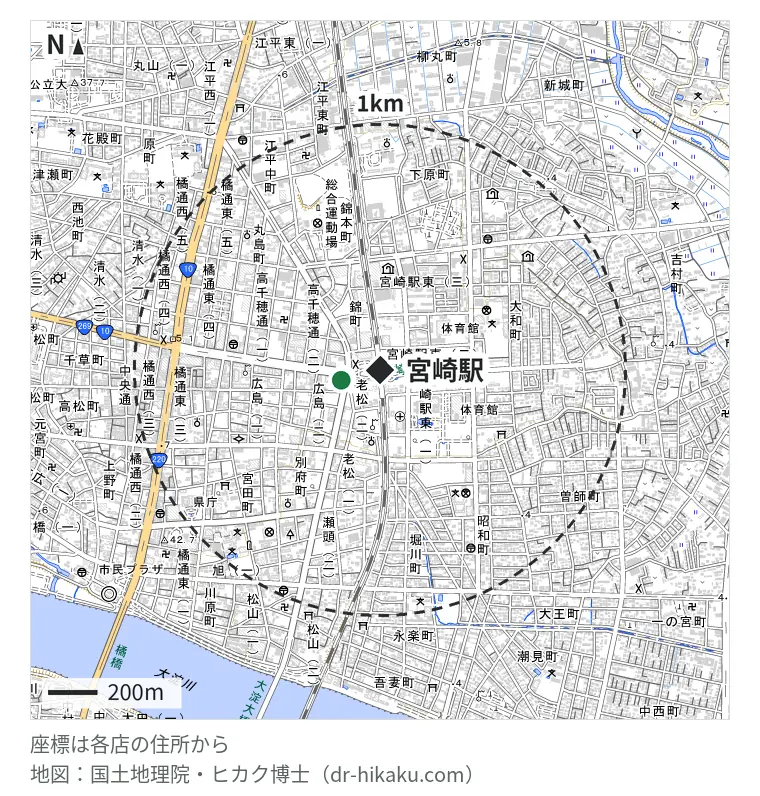 宮崎駅周辺（1km以内）のiPhone修理店 3店の位置図：スマホ修理のクイック 宮崎店 153m、スマップル 宮崎店 162m、スマホ修理工房 宮崎店 392m