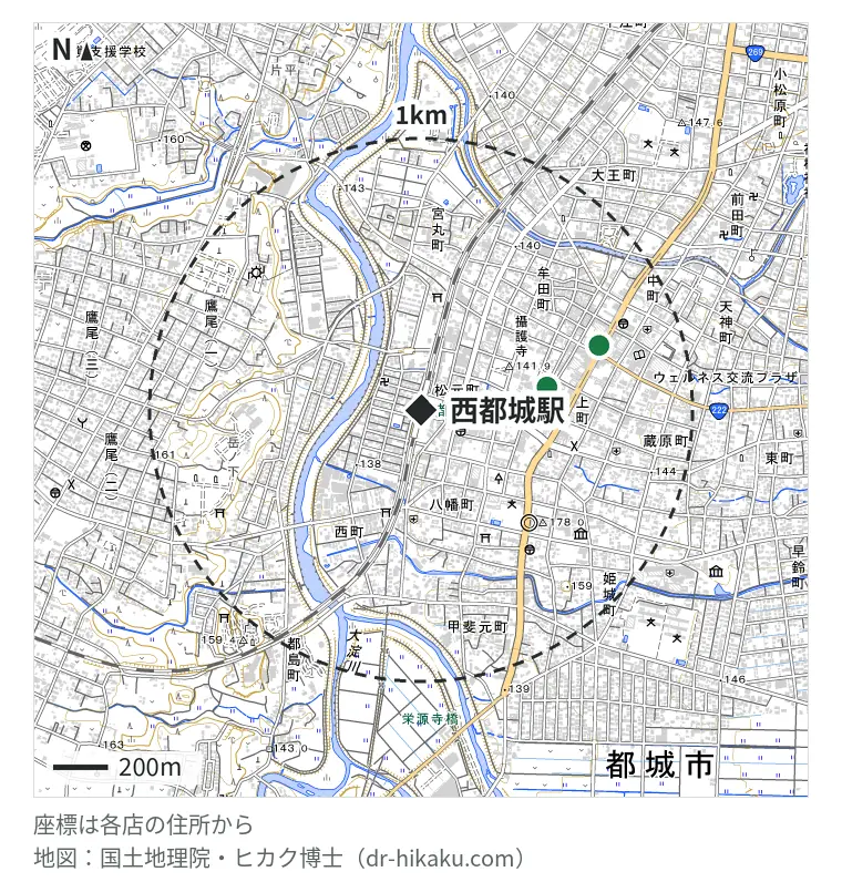 西都城駅周辺（1km以内）のiPhone修理店 2店の位置図：ひなたモバイル 470m、スマップル 都城店 693m