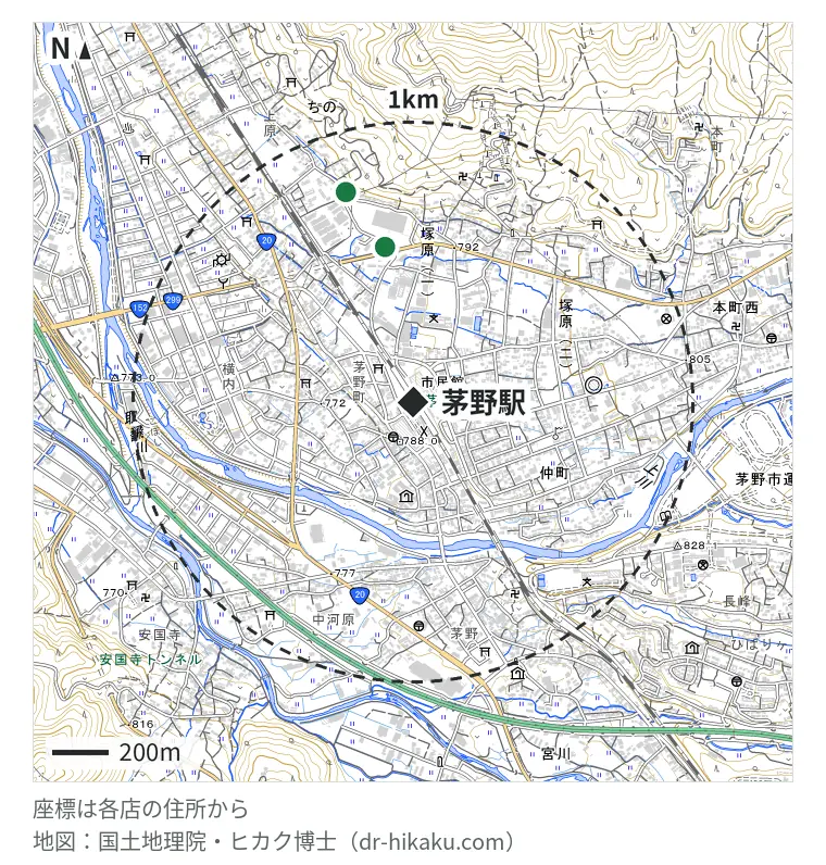茅野駅周辺（1km以内）のiPhone修理店 2店の位置図：スマホ修理ジャパン 長野茅野店 561m、iPhone修理アイサポ 茅野店 784m