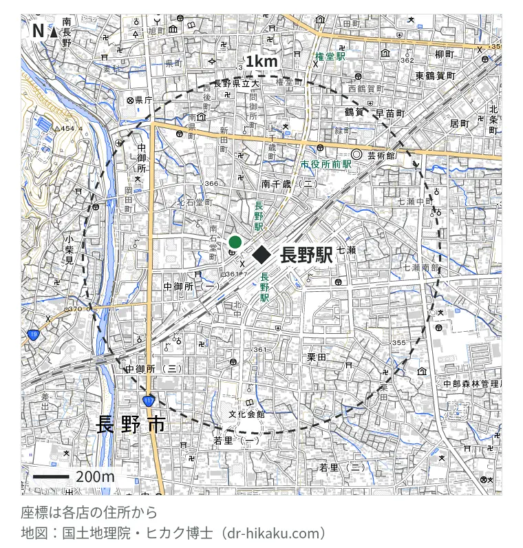 長野駅周辺（1km以内）のiPhone修理店 2店の位置図：スマホ修理SHOP 長野駅前店 151m、スマホ修理工房 長野駅前店 151m