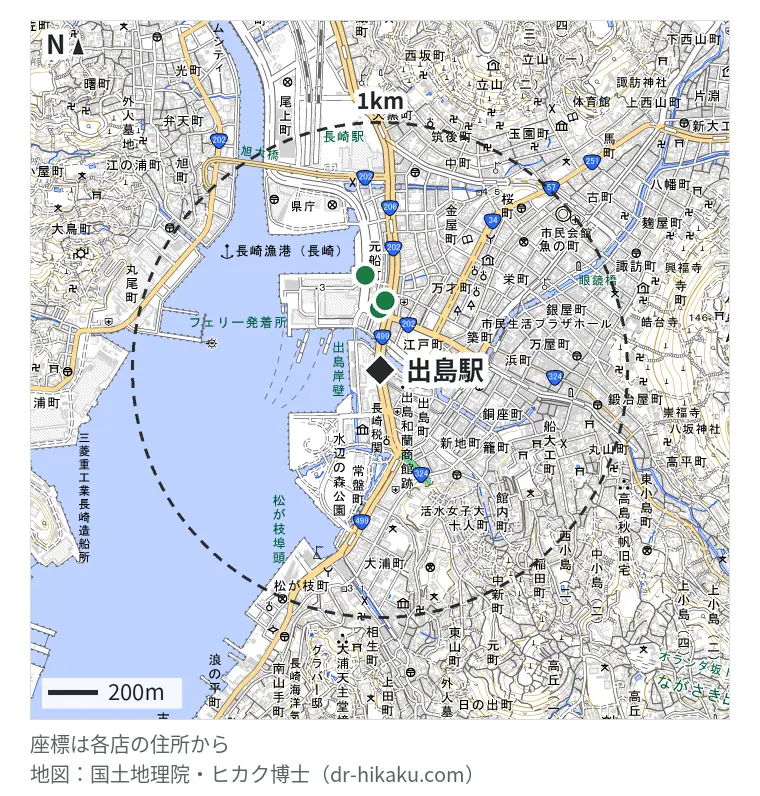 出島駅周辺（1km以内）のiPhone修理店 3店の位置図：KAZUKI 大波止店 245m、iPhone修理アイサポ 長崎店 279m、スマートクール ゆめタウン夢彩都店 385m