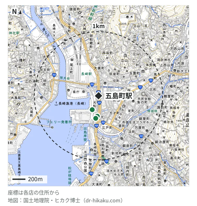 五島町駅周辺（1km以内）のiPhone修理店 3店の位置図：スマートクール ゆめタウン夢彩都店 237m、iPhone修理アイサポ 長崎店 319m、KAZUKI 大波止店 354m