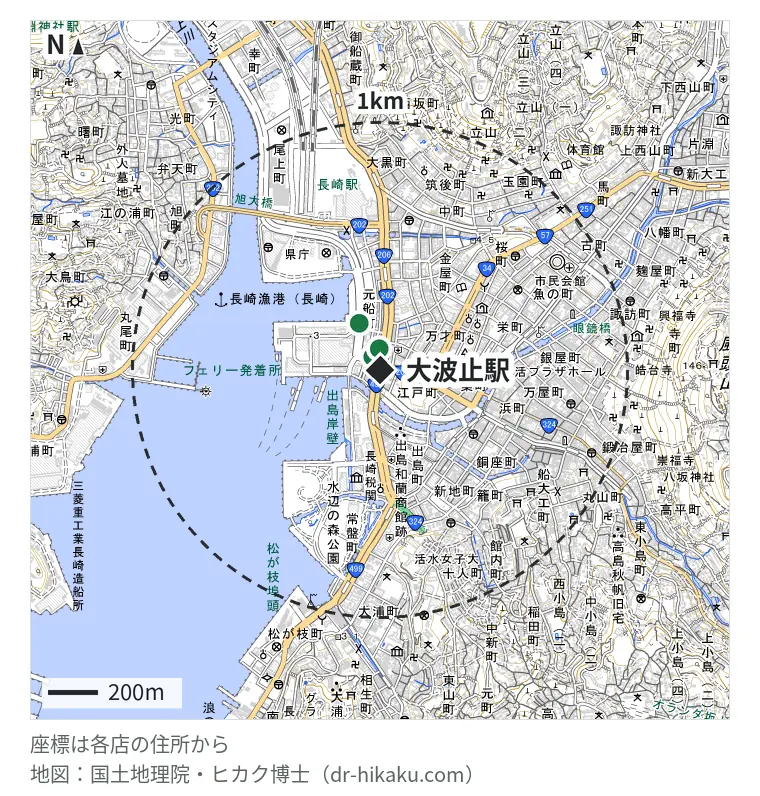 大波止駅周辺（1km以内）のiPhone修理店 3店の位置図：KAZUKI 大波止店 60m、iPhone修理アイサポ 長崎店 86m、スマートクール ゆめタウン夢彩都店 206m