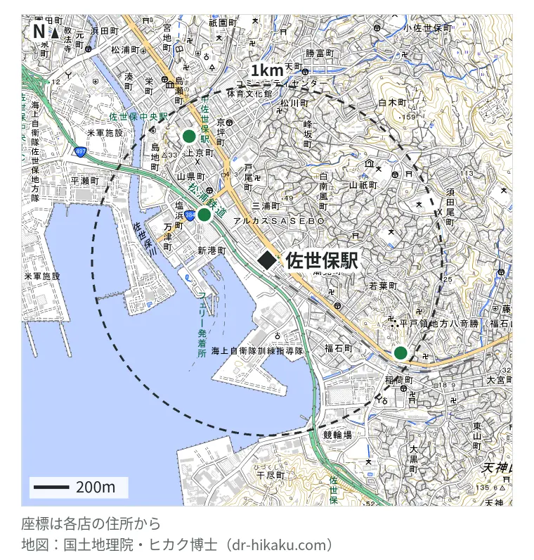 佐世保駅周辺（1km以内）のiPhone修理店 3店の位置図：iCrackedStore させぼ五番街 441m、スマホリペア 佐世保店 831m、アイケアラボ 佐世保受付所 926m