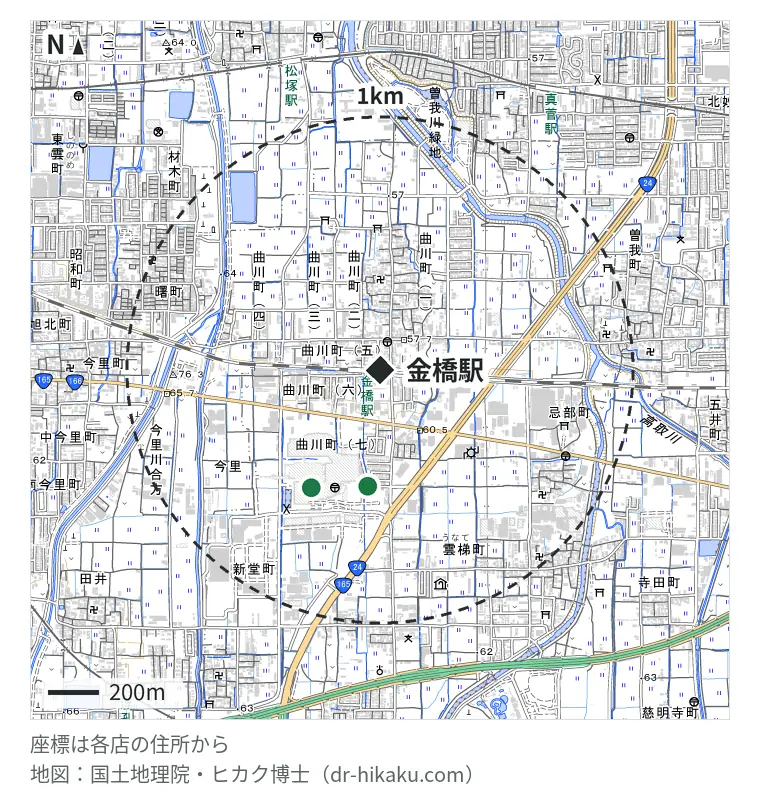 金橋駅周辺（1km以内）のiPhone修理店 2店の位置図：カメラのキタムラ 橿原・イオンモール橿原店 459m、スマートクール イオンモール橿原店 537m