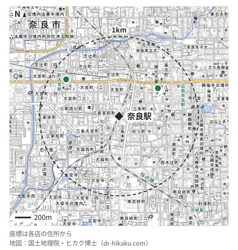 奈良駅周辺（1km以内）のiPhone修理店 2店の位置図：リペアラボ 奈良店 601m、スマレンジャー 奈良香芝店 806m
