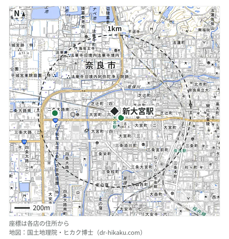新大宮駅周辺（1km以内）のiPhone修理店 2店の位置図：スマレンジャー 奈良香芝店 122m、アイプラス 奈良ミナーラ店 777m