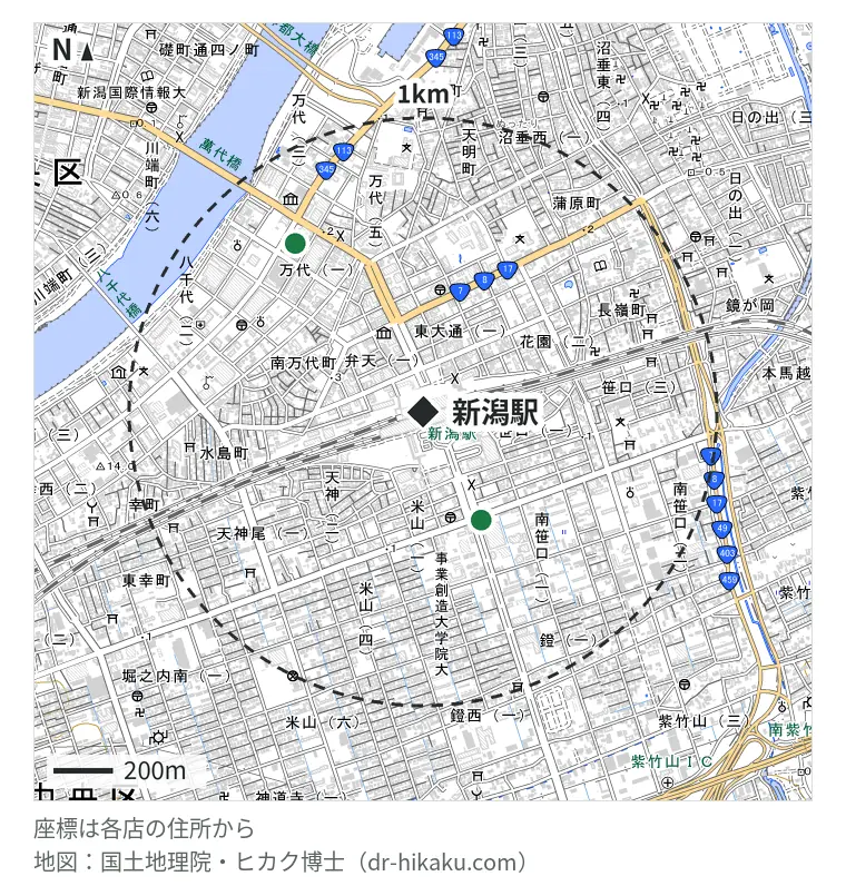 新潟駅周辺（1km以内）のiPhone修理店 2店の位置図：スマホBuyerJapan ドン・キホーテ新潟駅南店 383m、iPhone修理アイサポ 新潟ラブラ万代店 701m