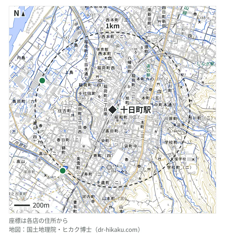 十日町駅周辺（1km以内）のiPhone修理店 2店の位置図：スマホ修理SHOP イオン十日町店 962m、ダイワンテレコム 新潟十日町店 989m