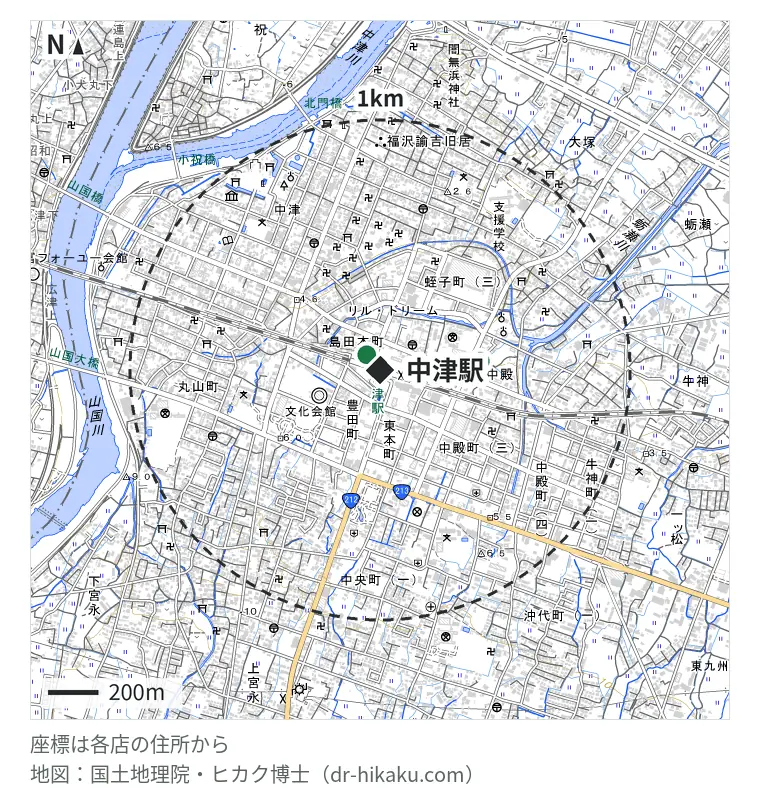 中津駅周辺（1km以内）のiPhone修理店 2店の位置図：PEACH 81m、スマレンジャー 大分中津店 401m