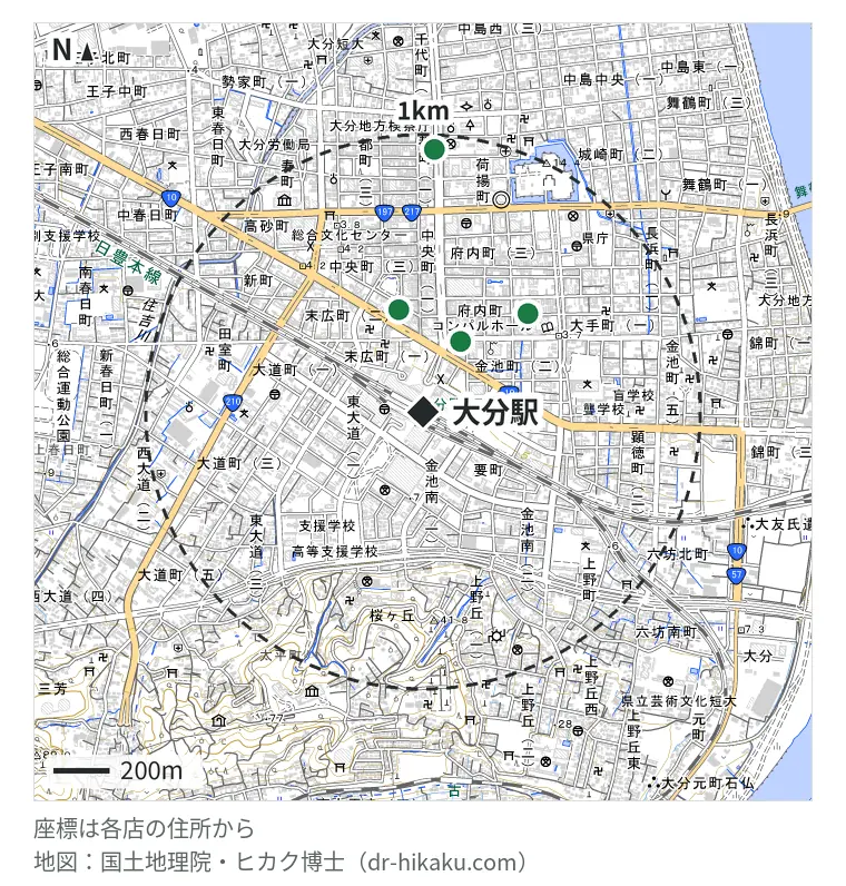 大分駅周辺（1km以内）のiPhone修理店 4店の位置図：スマホピッとイン 大分駅前店 287m、スマップル 大分店 377m、スマホスピタル GODOモバイル大分府内町 515m、Repair540 942m