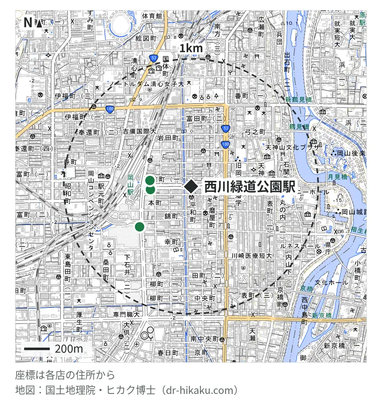 西川緑道公園駅周辺（1km以内）のiPhone修理店 3店の位置図：スマップル 岡山駅前店 317m、iCrackedStore 岡山駅前 324m、スマートクール イオンモール岡山店 510m