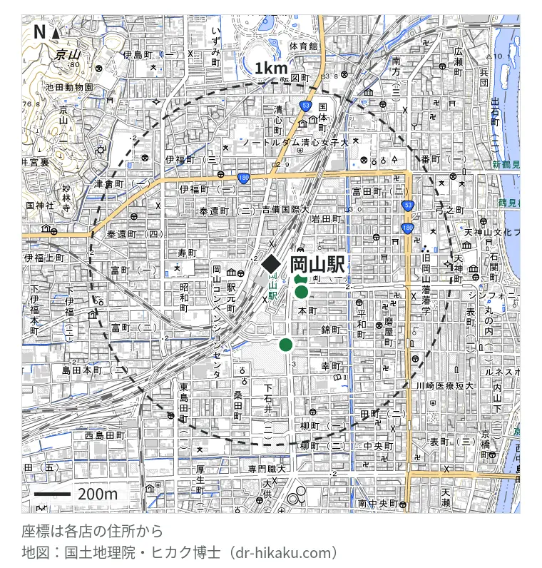 岡山駅周辺（1km以内）のiPhone修理店 3店の位置図：iCrackedStore 岡山駅前 151m、スマップル 岡山駅前店 163m、スマートクール イオンモール岡山店 350m