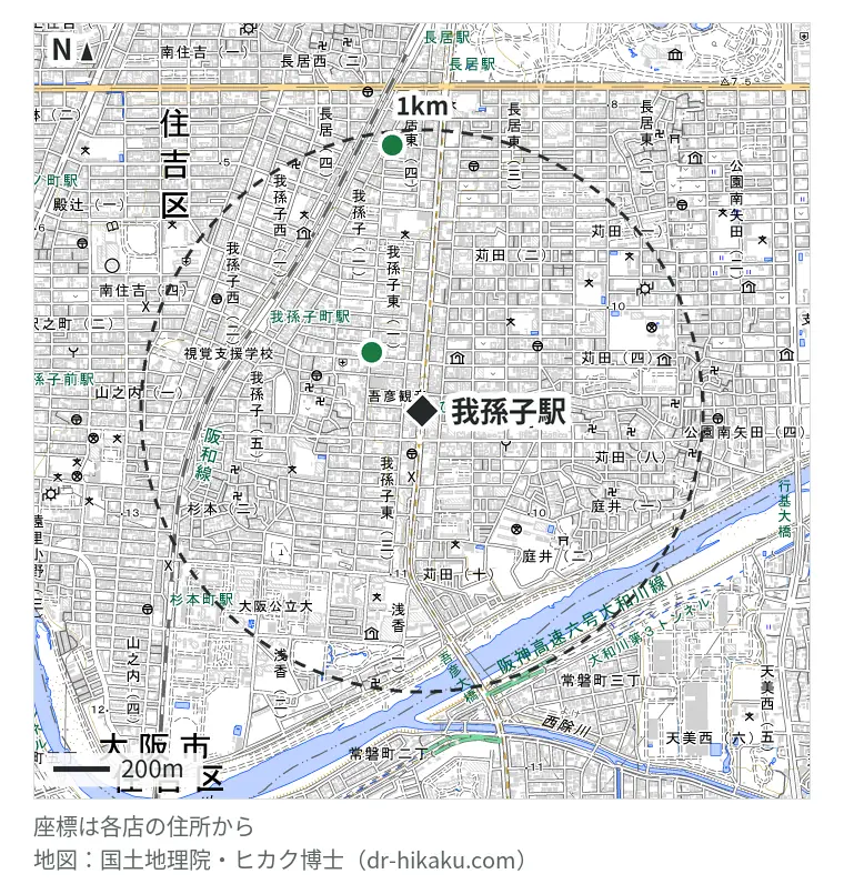 我孫子駅周辺（1km以内）のiPhone修理店 3店の位置図：Dr.CPU 273m、GodHandFix 大阪住吉本店 273m、PTFIX 945m