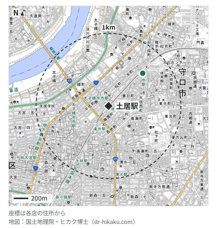 土居駅周辺（1km以内）のiPhone修理店 2店の位置図：スマートリペア 守口店 641m、キャプテンスマホ 守口駅前店 650m