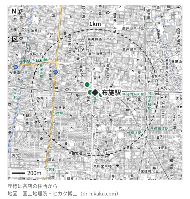 布施駅周辺（1km以内）のiPhone修理店 3店の位置図：スマホスピタル 東大阪ロンモール布施店 76m、スマホRisE 布施店 102m、リンゴ屋 東大阪布施店 175m