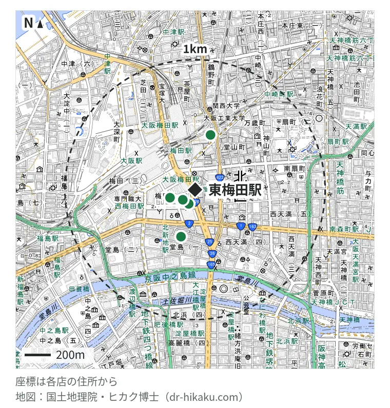 東梅田駅周辺（1km以内）のiPhone修理店 5店の位置図：モバイル修理救急便 大阪駅前第4ビル店 119m、スマートまっくす 大阪梅田店 122m、スマホ修理工房 ディアモール大阪店 201m、じゃんぱら 大阪堂島店 375m、SmaphoBox 大阪梅田本店 436m