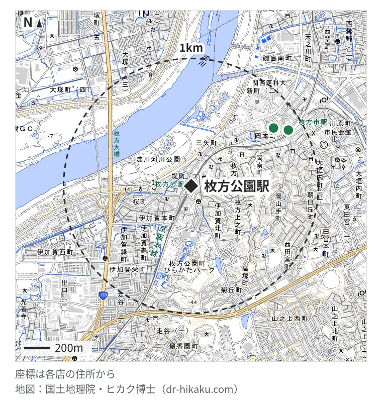 枚方公園駅周辺（1km以内）のiPhone修理店 3店の位置図：スマホスピタル ビオルネ枚方店 773m、iCrackedStore 枚方ビオルネ 786m、SmaphoBox 枚方店 876m