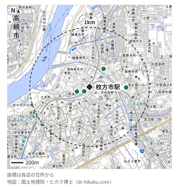 枚方市駅周辺(1km以内)のiPhone修理店 5店の位置図:SmaphoBox 枚方店 113m、iCrackedStore 枚方ビオルネ 208m、スマホスピタル ビオルネ枚方店 217m、スマートリペア 枚方市駅前店 381m、iPhone修理アイサポ 枚方店 605m