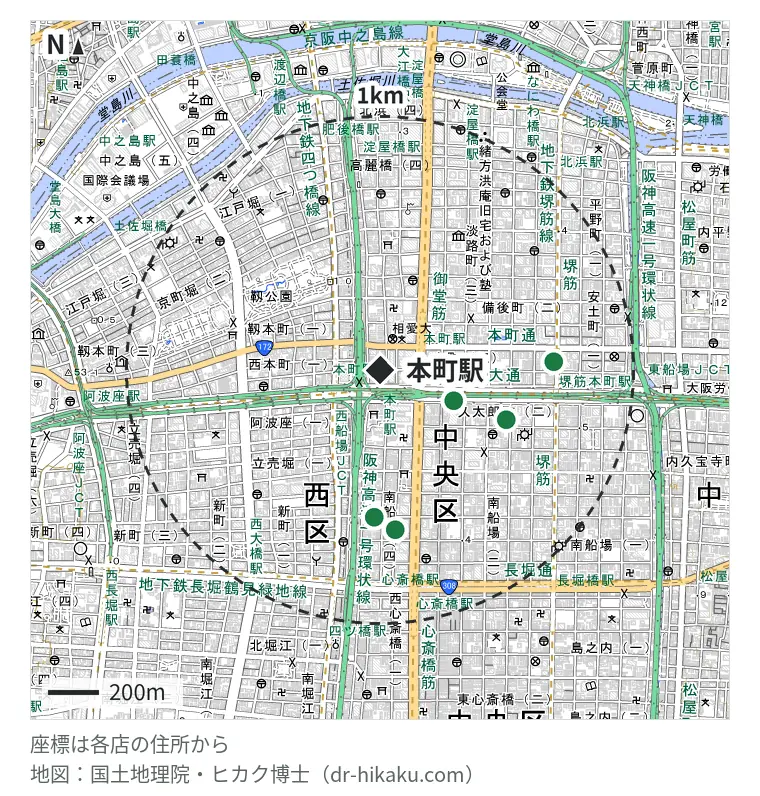 本町駅周辺(1km以内)のiPhone修理店 5店の位置図:SmileFix 244m、ケイワンインターナショナル 436m、スマートクール クリスタ長堀 495m、iPhone即日修理屋さん 堺筋本町店 522m、スマホ修理工房 心斎橋店 544m