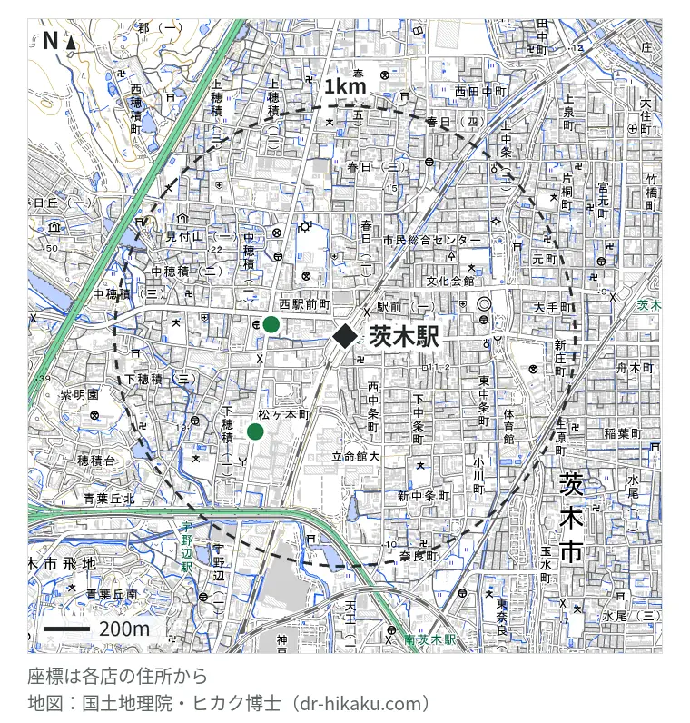 茨木駅周辺（1km以内）のiPhone修理店 2店の位置図：オリスマ JR茨木店 322m、スマートクール イオンモール茨木店 566m