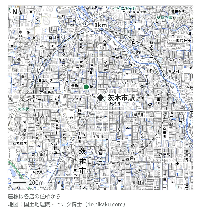 茨木市駅周辺（1km以内）のiPhone修理店 1店の位置図：スマホ修理工房 茨木店 264m