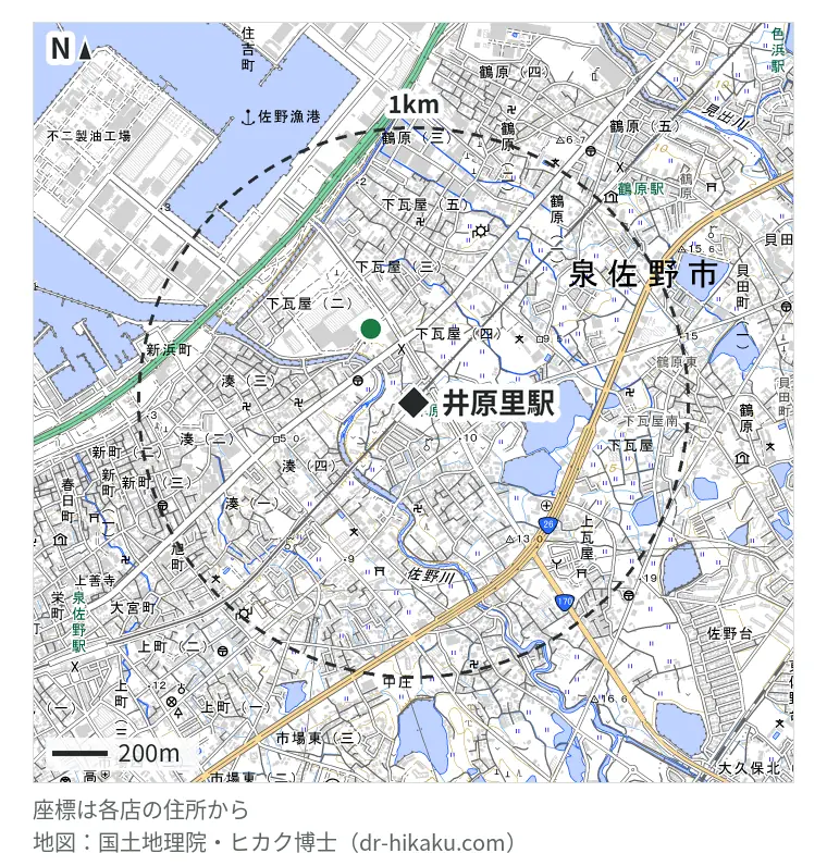 井原里駅周辺（1km以内）のiPhone修理店 1店の位置図：iCrackedStore いこらも~る泉佐野 309m